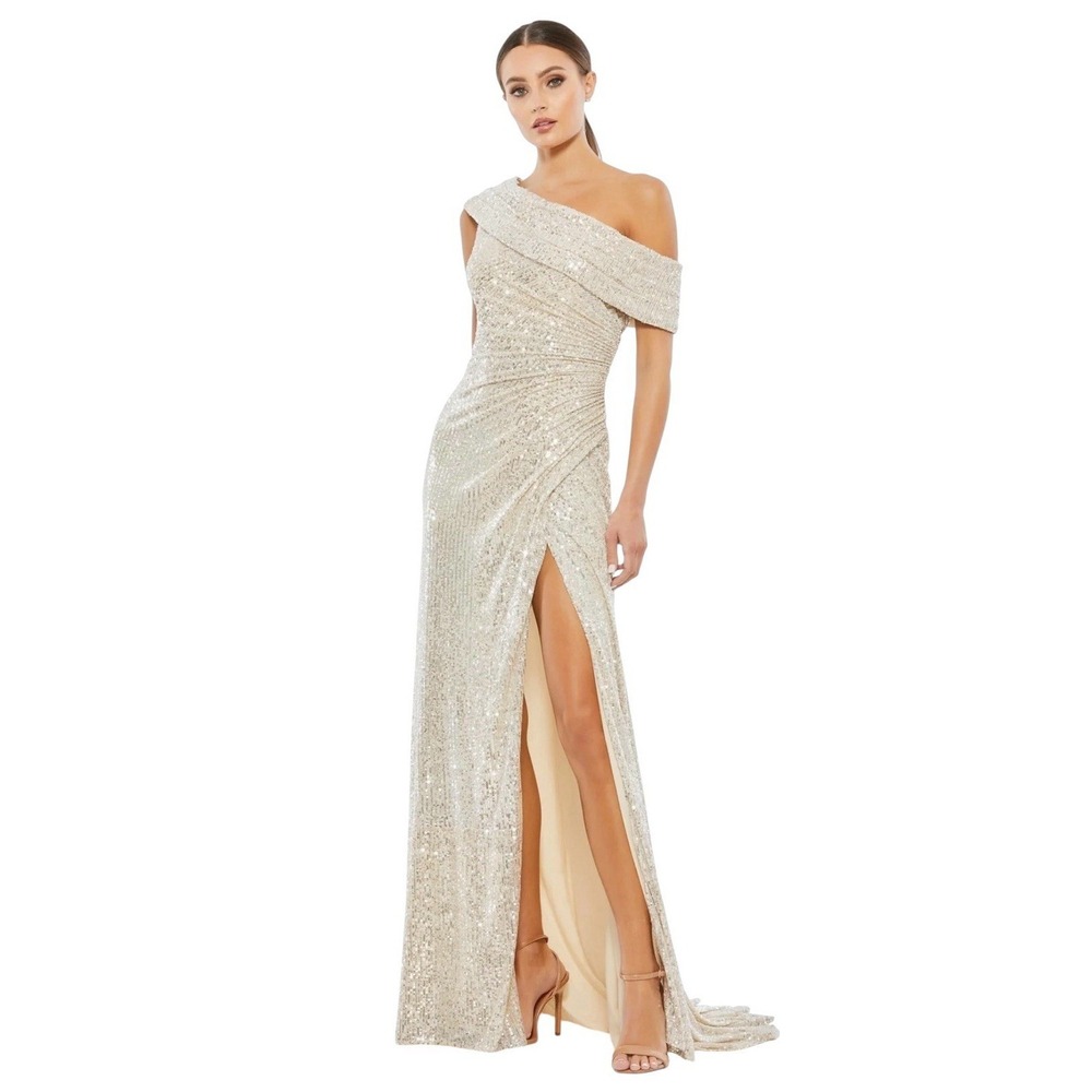 Mac Duggal 26550 Nude Silver Sequin One Shoulder Gown‎ Size 8 $398